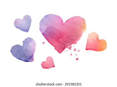 Watercolor bright heart-shaped blotches. Vector illustration