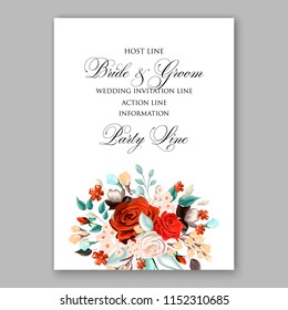 Watercolor bright red rose wedding invitation template vector floral background for bridal shower baby shower anniversary birthday card
