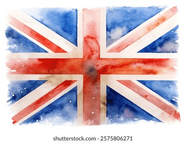 Watercolor British flag, vibrant colors, artistic design, patriotic symbol, textured background, creative illustration, cultural representation.