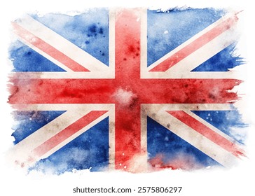 Watercolor British flag, vibrant colors, artistic design, patriotic theme, abstract background, creative expression.