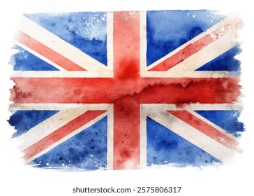 Watercolor British flag, vibrant colors, artistic design, patriotic symbol, creative illustration, textured background.