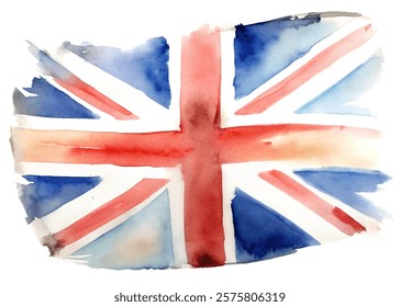 Watercolor British flag, vibrant colors, artistic representation, patriotic symbol, creative design, cultural heritage.