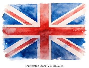 Watercolor British flag, vibrant colors, artistic design, patriotic symbol, creative illustration, cultural representation.