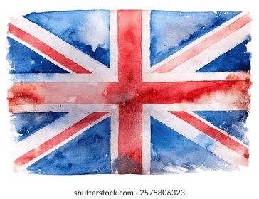 Watercolor British flag, vibrant colors, artistic representation, patriotic symbol, creative design, abstract background.