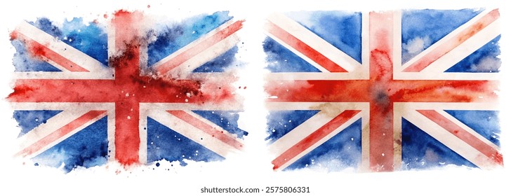 Watercolor British flag, vibrant colors, artistic design, patriotic theme, abstract background, creative illustration.