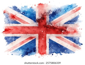 Watercolor British flag, vibrant colors, artistic design, patriotic theme, abstract background, creative illustration.