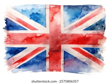 Watercolor British flag, vibrant colors, artistic design, patriotic symbol, abstract background, creative illustration.