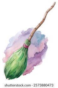 Watercolor broom illustration, green bristles, artistic background, whimsical design, magical theme, fantasy art.