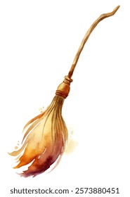 Watercolor broom illustration, rustic design, witchcraft theme, artistic style, Halloween decoration, magical elements.