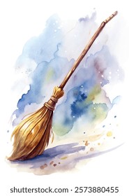 Watercolor broom illustration, soft pastel colors, artistic design, home cleaning tool, whimsical style, decorative art.