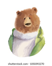 Watercolor brown bear on the white background. Vector illustration. Wildlife art for posters, invitations, cards. Can be printed on T-shirts, bags, phone cases, pillows.