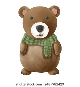 Watercolor brown bear with scarf isolated on white background. Vector illustration.