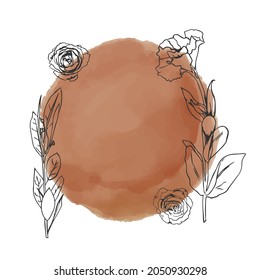 Watercolor brown circle with flowers with uneven grunge, round colored frame for background. Hand drawn flower collection in watercolor circle. Vector illustration. Background with place for your text