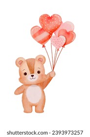 Watercolor Brown Color Teddy Bear Holding Balloons Vector