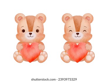 Watercolor Brown Color Teddy Bear Holding Heart Vector