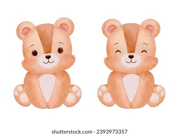 Watercolor Brown Color Teddy Bear Sitting on White Background Vector