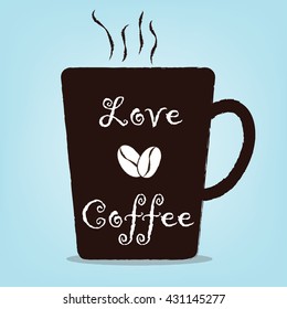 Watercolor brown cup of cappuccino with foam with splashes and drops, with lettering love coffee.