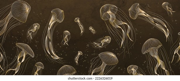 Watercolor brown dark luxury background with marine animals jellyfish in gold line art style. Abstract hand drawn banner for decoration design, print, textile, wallpaper, interior.