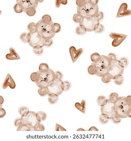 Watercolor brown hand-drawn teddy bears with heart, cute kawaii seamless motif pattern neutral beige color