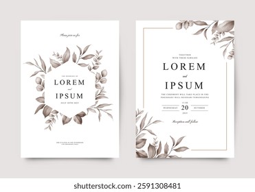 Watercolor brown leaves set for wedding invitation card template