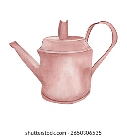 Watercolor brown metal garden watering can. Composition isolated from the background. Gardening tools for watering flowers. Plants and flowers. For Scrapbooking, cards, invitations, printing