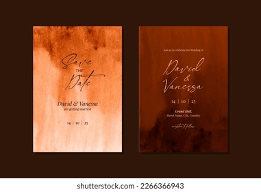 Watercolor brown and orange wedding invitation card design template Stock Vector