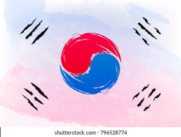 Watercolor brush flag of South Korea officially the Republic of Korea is a sovereign state in East Asia, yin yang symbol. Vector illustration