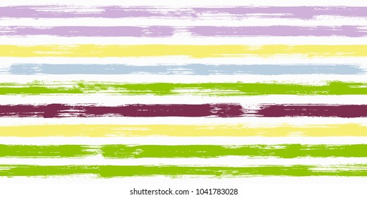 Watercolor brush stripes seamless pattern. Creme violet, sky blue, bright yellow, spring grass green and purple paintbrush lines horizontal seamless texture for background. Drown paint strokes artwork