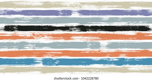 Watercolor brush stripes seamless pattern. Orange, blue, violet, black, green and beige paintbrush lines horizontal seamless texture for backdrop. Hand drown paint strokes graphic artwork for textile.