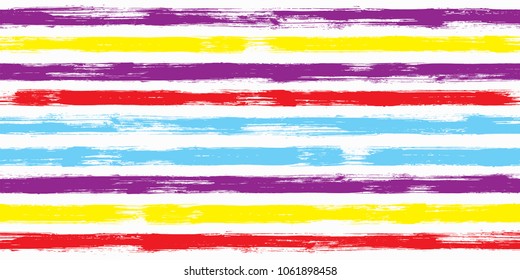 Watercolor brush stripes seamless pattern. Caramel violet, sky blue, saturated red and bright yellow paintbrush lines horizontal seamless texture for background. Drown paint strokes decorative artwork