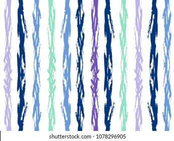 Watercolor brush stripes seamless pattern. Bright violet, sky and navy blue, pale purple and green paintbrush lines vertical seamless texture for background. Hand drown paint strokes graffiti artwork.