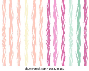 Watercolor brush stripes seamless pattern. Pale magenta and pink, purple, peach orange and yellow paintbrush lines vertical seamless texture for background. Hand drown paint strokes decorative artwork