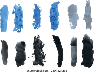 Watercolor brush stroke of blue and black paint, isolated background, set