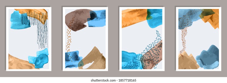 Watercolor brush stroke pattern posters collection. Set of minimal 20s style geometric design posters, vector templates with primitive shapes of particle elements, modern style 2021 trendy design.