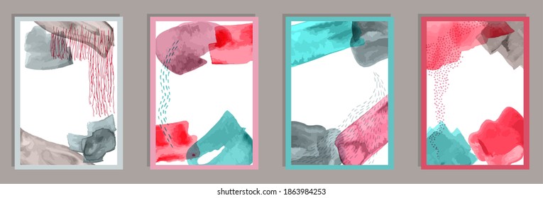 Watercolor brush stroke pattern posters collection. Set of minimal 20s style geometric design posters, vector templates with primitive shapes of particle elements, modern style 2021 trendy design.