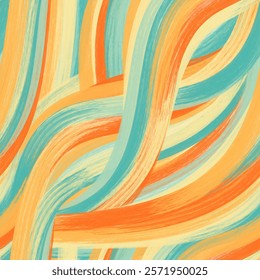 Watercolor brush stroke seamless pattern vector. Abstract blue yellow orange curve. Flowing line. Colorful wave. Elegant design for fabric, scarf, cloth, print, card, wrapping, paper, cover, decor.