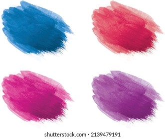 Watercolor brush strokes colorful. Abstract vector painting in blue, pink, red and purple. Paint stain acrylic technique. Ink stains in colors. Element design splash liquid.