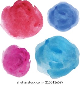 Watercolor brush strokes colorful. Abstract circles painting in blue, pink, red and purple. Paint stain acrylic technique. Ink stains in colors. Element design splash liquid. Vibrant dots hand drawn.