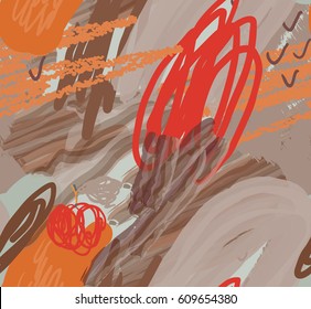 Watercolor brush strokes with scribbles doodles and apples.Abstract seamless pattern. Universal bright background for greeting cards, invitations. Had drawn ink and marker watercolor texture.