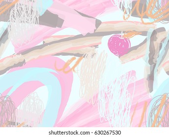 Watercolor brush strokes with scribbles doodles and apple. Abstract seamless pattern. Universal bright background for greeting cards, invitations. Had drawn ink and marker watercolor texture.