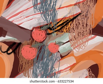 Watercolor brush strokes with scribbles doodles and apples.Abstract seamless pattern. Universal bright background for greeting cards, invitations. Had drawn ink and marker watercolor texture.