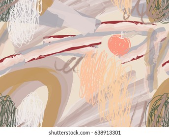 Watercolor brush strokes with scribbles doodles and apples.Abstract seamless pattern. Universal bright background for greeting cards, invitations. Had drawn ink and marker watercolor texture.