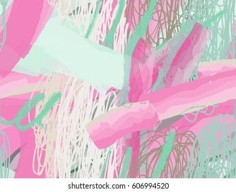 Watercolor brush strokes with scribbles doodles.Abstract seamless pattern. Universal bright background for greeting cards, invitations. Had drawn ink and marker watercolor texture.