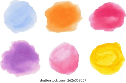 Coups de pinceau à l'aquarelle, taches, éclaboussures, arrière-plans. Set. Image vectorielle. Isolé. Orange, rouge, jaune, violet