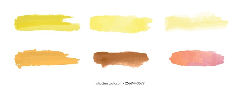 Watercolor brush strokes in yellow, orange, brown, and pink. Vibrant yellow, soft orange, earthy brown, and warm pink brush strokes on white background. Element vector set.