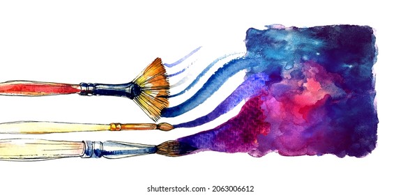 Watercolor brushes and colorful square vector on white backdrop