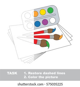 Watercolor and Brushes for Paint. Dot to dot educational game for kids. Trace the colorless half and color the picture.