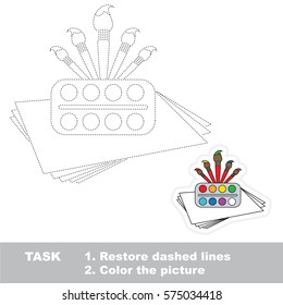 Watercolor and brushes with paper. Dot to dot educational game for kids.