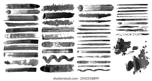 Watercolor brushes and spots blot vector set. Black ink paint brush stroke,line, texture,splash, dirty overlay. Paint artistic dry brush stroke. Different grunge lines collection design elements