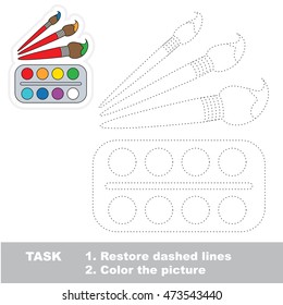 Watercolor and brushes in vector to be traced. Restore dashed line and color the picture. Trace game for children.